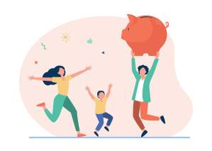 Happy family jumping with huge piggybank